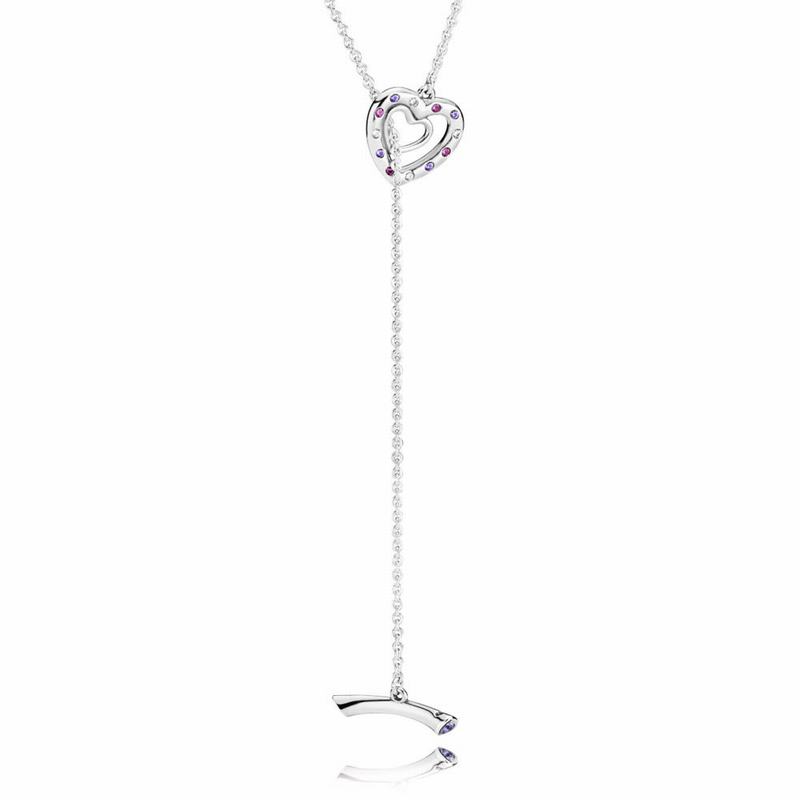 Pandora Bright Hearts Necklace Ireland - Sterling Silver/Purple/Mixed Stones/Cubic Zirconia - 614205